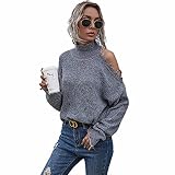 LWZ Damen Pullover mit kalter Schulter Lockere Passform Strickpullover Rundhalsausschnitt Open Back Hollow Winter Warm Casual Top,L Grey