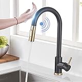 Rozin Touch Sensor Wasserhahn Küche mit Ausziehbar Brause 2 Strahlarten Mischbatterien Gebürsteter Gold und Schwarz 360° Drehbar Einhand für Küchen Spü