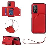 Ttimao Kompatibel mit Xiaomi Mi 10T/10T Pro Hülle [Displayschutzfolie] mit Kartenhalter und Standfunktion PU Leder Flip Wallet Case Cover Weich Silikon Handyhülle-R