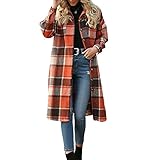 Nokiwiqis Damen Dicke Wolle Revers Button Up Lange Plaid Hemd Mantel Kariert Shacket Oversize Lang Tartan Cardigan, Orange, 46