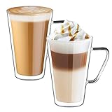 ecooe Doppelwandige Latte Macchiato Gläser Set Borosilikatglas Kaffeetassen Glas 2er Set 450ml Kaffeeglas Teegläser mit Henkel für Cappuccino,Latte Macchiato,Tee,EIS,Milch,B