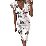 Briskorry V-Ausschnitt Blumen Etuikleider Knielang Business Kleider Damen Sommer Elegante Bustier Festkleider Sexy Rüschensaum Gerafftes Ärmelloses Enges Kleid Partykleid Vintage D