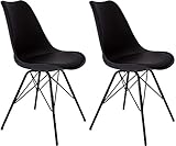 SAM 2er Set Schalenstuhl Lerche, Kunststoffschale in Schwarz, integriertes Kunstleder-Sitzkissen, Schwarze Metallfüße, Esszimmerstuhl im skandinavischen S