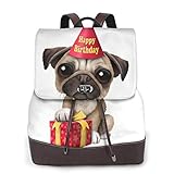 Damen Casual Leder Rucksack Durable Schulrucksack Cute Happy Birthday Mops Welpe Gedruckt Bookbag Mode Reise S