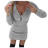 Damen Strickkleider Kurz Winter mit V-Ausschnitt Sexy Mini A Linie Langarm Strickpullover Kleid Pulloverkleid Winterk