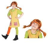 Maskworld Pippi Langstrumpf Komplett Kostüm für Kinder - 4teilig mit Perücke - grün/gelb Lizenz Filmkostüm (122/128)