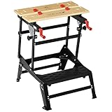 HOMCOM Werktisch Spanntisch Werkbank Versenkbare und klappbare Tischplatte Belastbarkeit Arbeitstisch Arbeitsplatte höhenverstellbarer Tisch Metall Bambus Naturholz+Schwarz+Rot 68 x 60 x 21-78