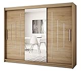 Kryspol Schwebetürenschrank York 1-250 cm mit Spiegel Kleiderschrank mit Kleiderstange und Einlegeboden Schlafzimmer- Wohnzimmerschrank Schiebetüren Modern Design (Sonoma)