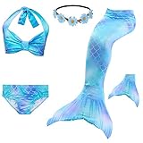 Fishkidtail Mermaid Fin Zum Schwimmen Mermaid Tail Mit Fin Mädchen 5Pcs Badeanzug Bikini Für Kinder Girls-Blue Cyan-130 (7-8J, Gr.130)