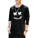 T-Shirt Herren Frühling Herbst Rundhals Persönlichkeit Mode Druck Herren Langarm Shirt Regulär Lose Licht Casual Atmungsaktiv All-Match Männer Base Shirt B-Black1 L