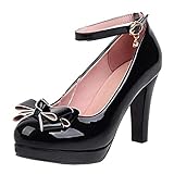 Lack High Heels Pumps mit Knöchelriemchen und Blockabsatz Schleife Rockabilly Lolita Cosplay Schuhe (Schwarz,37)