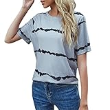 DOMBX Damen Kurzarm Rundhals Horizontale Streifen Bedruckt Colorblock Hawaii Ferien Slim Tunika Crop Tops Bluse Frauen Lässig Mode Sommer Baumwolle Leinen Elegant Komfort Büro T-shirt Hemden Ob