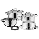 WMF Compact Cuisine Topfset Induktion 4-teilig, Kochtopf Set mit Glasdeckel, Cromargan Edelstahl poliert, Töpfe Set unbeschichtet, Innenskalierung