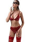Damen Dessous-Set Strumpfgürtel mit Strumpf und Augenmaske aus Spitze, rot, XX-Larg