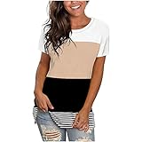 Damen Sommer T-Shirt Basic Lose Kurzarm Tee Shirts Casual Rundhals Oberteile Farbblock Tunic Tops Elegant Damenblusen Streifen Druck Longshirt Sportshirt Kuschelig B