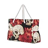 RELEESSS Große Reise Strand Tasche Blume Schädel mit Reißverschluss Wasserdichte Tote Tasche Schultertasche für Frauen Damen Mädchen Herren Unisex