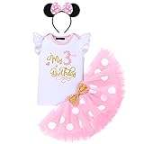 FYMNSI Baby Mädchen Mein 3. Geburtstag Outfit Minnie Maus Kostüm Gepunktet Tütü Rock Baumwolle Kurzarm T-Shirt Tops mit Ohr Stirnband 3tlg Bekleidungsset Fotoshooting Rosa 3 J