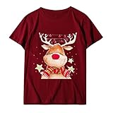 Masrin T Shirt Damen Herren Weihnachts Rentier Druck Oberteile Kurzarm Tee Tops mit O Ausschnitt Baggy Bequeme Tunika Fröhliche Familienbluse Paar Hemden Lässig