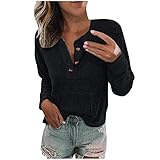 XUNN Damen Langarm Tops Mode Frauen V-Ausschnitt Tasten Langarm Solide Casual Lose Pullover Tasche Gemütliche Blusen Ob