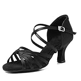 HIPPOSEUS Damen & Mädchen Sandalen Ausgestelltes Tanzschuhe/Ballsaal Standard Satin Latein Dance Schuhe,DECl-DJ-7,Schwarz,EU 39