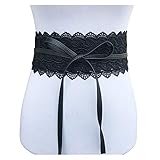 JSJJARD Gürtel für Damen, Schleife, Spitzengürtel, breiter Gürtel für Frauen, schwarz, weiß, selbstbindend, Obi Cinch Bunch Hochzeitskleid, Taillenband (Farbe: Schwarz, Gurtlänge: 210 cm)