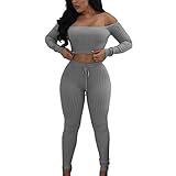 FORH Damen Mode 2 Stück Set Outfits Langarm Streifen Crop Top Trägerlos T-Shirt +Reizvolle Bodycon Paket Hüfte Hosen Beiläufig Outfit Sport Bekleidung