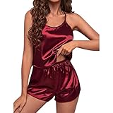 SHINEHUA Schlafanzug Damen Sexy Pyjama Satin Nachtwäsche Kurz Hausanzug Ärmellos Dessous Negligee Cami Top Loungewear Einfarbig Sleepwear (B-Wine, S)