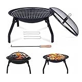 CAMORSA Feuerschale Feuerstelle mit Funkenschutz Grillrost und Schürhaken Feuerkorb Metall Rund Ø 55cm Heitzung BBQ Camping für Outdoor Garten T