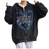 Hoodie Damen Y2K Zip Up Hoodies Bunny Love Brief Drucken Sweatjacke mit Kapuzen Oversize Pullover Damen Lose Winterjacke Kapuzenpullover Langarm Streetwear Fashion Y2K Stil Sw