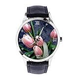Rosa Tulpen Custom Armbanduhr Unisex Analog Quarz Uhr mit Lederband Uhren für Mädchen Jungen Armb
