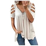 PcLeam Damen Oberteil Pullover Kurzarm Schulterfrei Off Shoulder V-Ausschnitt Zipped T-Shirt Lose Sommer Blusen Basic T-Shirt Mode Frauen LäSsige Shirts(Weiß,S)