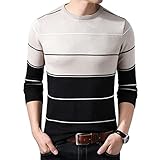 Gestreifter Pullover für Herren Farbblock Strickpullover mit Rundhalsausschnitt und Kontrast Lässiges, Schmales Winter Herbst T-Shirt (Hellbraun,L)