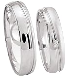 JC Trauringe 925er Sterling Silber Paar-Preis I Ehe-Ringe inkl. kostenloser Gravur I Verlobungsringe 4,5 mm breit inkl. Etui I Herren-Ring ohne & Damen-Ring mit 1 Zirkonia-Stein I Gr. 48 bis 72 I S059