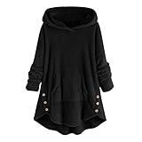 Lazzboy Frauen Vlies Knopf Rand Plus Größen Hoodie Spitzenstrickjacke Bluse Damen Wärme Pullover Flauschige Kapuzenpullover Mantel Fleece Fell Sweatshirt Parka(Schwarz,2XL)
