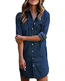 Kidsform Damen Jeanskleid Langarm V-Ausschnitt Denim Kleider Casual Lose Tunika Oberteil Kurzes Blusekleider A-Dunkelblau M