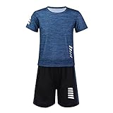 dPois Jungen Sportanzug Kurz Trainingsanzug Zweiteilige Sportwear Kurzarm T- Shirt Oberteil mit Shorts Lässig Kinder Basketball Radfahren Laufen Fitness Outfits Dunkelblau 134-140/9-10 J