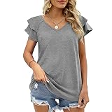 Damen Blusen mit V-Ausschnitt Rüschenärmeln Tunika-Oberteile lässig mit kurzen Ärmeln Workout-T-Shirt Sport Kurzarm-Tunika-Shirt einfarbig Blusen Doppellagiges Oberteil mit Rü