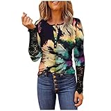 Spitzenbluse Damen Elegant Langarm Pullover mit Spitze Nähen Bluse Oberteile mit geknöpfter Knopfleiste Kontrastfarbene Patchwork Tunika Slim Fit Basic Hemd Herbst Winter Sweatshirt Lang