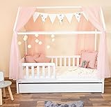 Hausbett Deko Set mit Baldachin, Wimpel und Lichterkette für Hausbetten bis zu 2m Länge in Rosa für Jungen I Mädchen Deko für Kinderzimmer I Babyzimmer, Betthimmel lädt Kind zum T