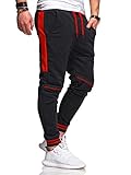 behype. Herren Lange Trainingshose Jogging-Hose Sport-Hose Kontrast-Stripes 60-3171 Schwarz-Rot XL