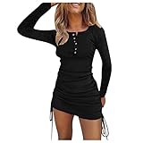 OIKAY Kleid Damen Farbblock Patchwork Casual Lace Stitching Langarm Geraffte Party-Bleistiftkleid Damen Rundhals Slim Fit Strickpullover Minikleid Wickelkleid mit Knielang(C Schwarz,XXL)