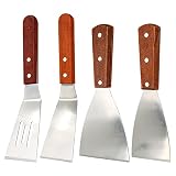 Xuelifra Pfannenwender aus Edelstahl, Grillspachtel, Grillwender Stahl ZubehöR Grillbesteck BBQ Spachtel Grillschaber Mit Genietetem Holzgriff, Pizza Werkzeug, Teppanyaki, Camping, Grillen (4PCS)