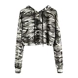 Geili Damen Camouflage Sweatshirt Langarm Kurz Hoodie Bauchfreie Kapuzenpullover Frauen Herbst Langarmshirt Crop Tops Freizeit Bluse Kapuzenpulli Sport Ob