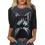 Tshirt Damen Langarm Bluse Tops Persönlichkeit Katze Motiv Pullover Rundhalsausschnitt Langarm Pulli Tops Oberteile Damen Neuartige T Shirt mit Tierdruck Langarm B