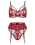 Avidlove Erotische Dessous Set Damen Reizwäsche Spitze Erotik Strapse Set Unterwäsche-Set Negligee Reizvolle Bustier Lingerie 3-TGL BH + Panty + Strumpfhalter,Rot，L