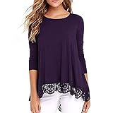 NIUYAN Damen Lange Ärmel T-Shirt Pullover Rundhals Spitze Tunika Top Lässige Oberteil Bluse Shirt Damen Langarm Bluse Elegant Pullover Winter Rundhals Spitze Tunika Top Sexy Lang Ob