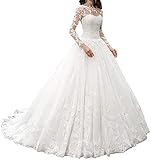 HUINI Brautkleider Standesamt Lang Brautmode Spitzen Hochzeitskleider Schlicht Langarm Brautkleid mit Schleppe Weiß 44