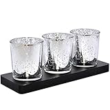 justbelight Teelichthalter 3er-Set Glas (Silber) mit Tablett, Teelicht-Glas Modern, als schöne Wohnzimmer-Deko, Geschenk zum Muttertag, Geburtstag, als Windlicht für Balkon, Garten, Bad, E