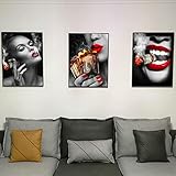 Moderne Abstrakte Leinwand Malerei Poster Rote Lippen Rauchen Frau Mode Wandkunst Bild und Drucke für Wohnzimmer Dekor 60X90cmX3 R