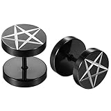 JewelryWe Schmuck Herren Ohrstecker, 10mm Stern Pentagramm Laser Muster Runde Kreis Illusion Tunnel Plug Ohrringe Ohrschmuck, Edelstahl, Schw